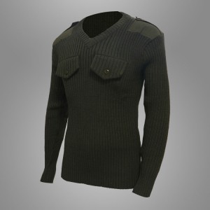 Военен военен пуловер от 100% вълна, маслиненозелен